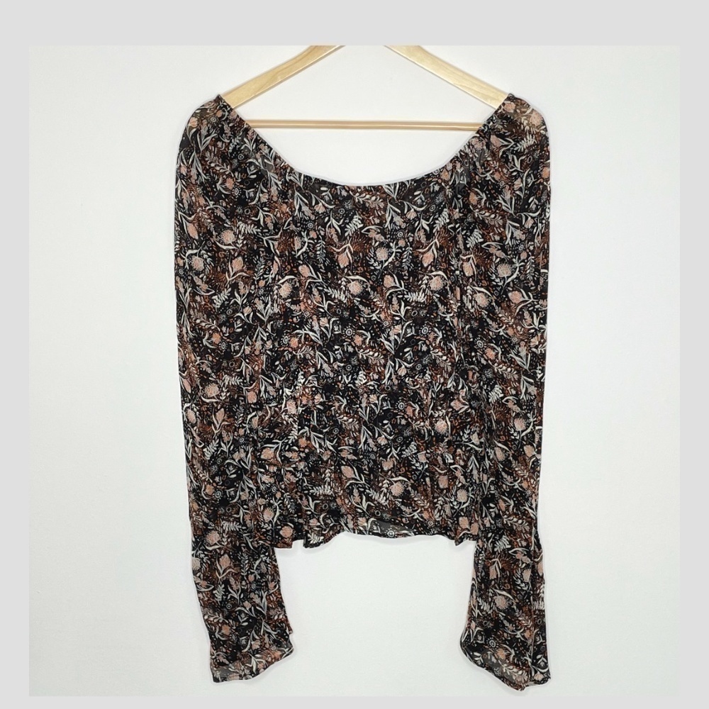 Free People Bell Sleeve Black Peach Print Top Long Sleeve Tie Front Blouse XS - Picture 3 of 7
